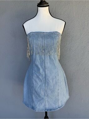Blue Denim Strapless Fringe Mini Dress